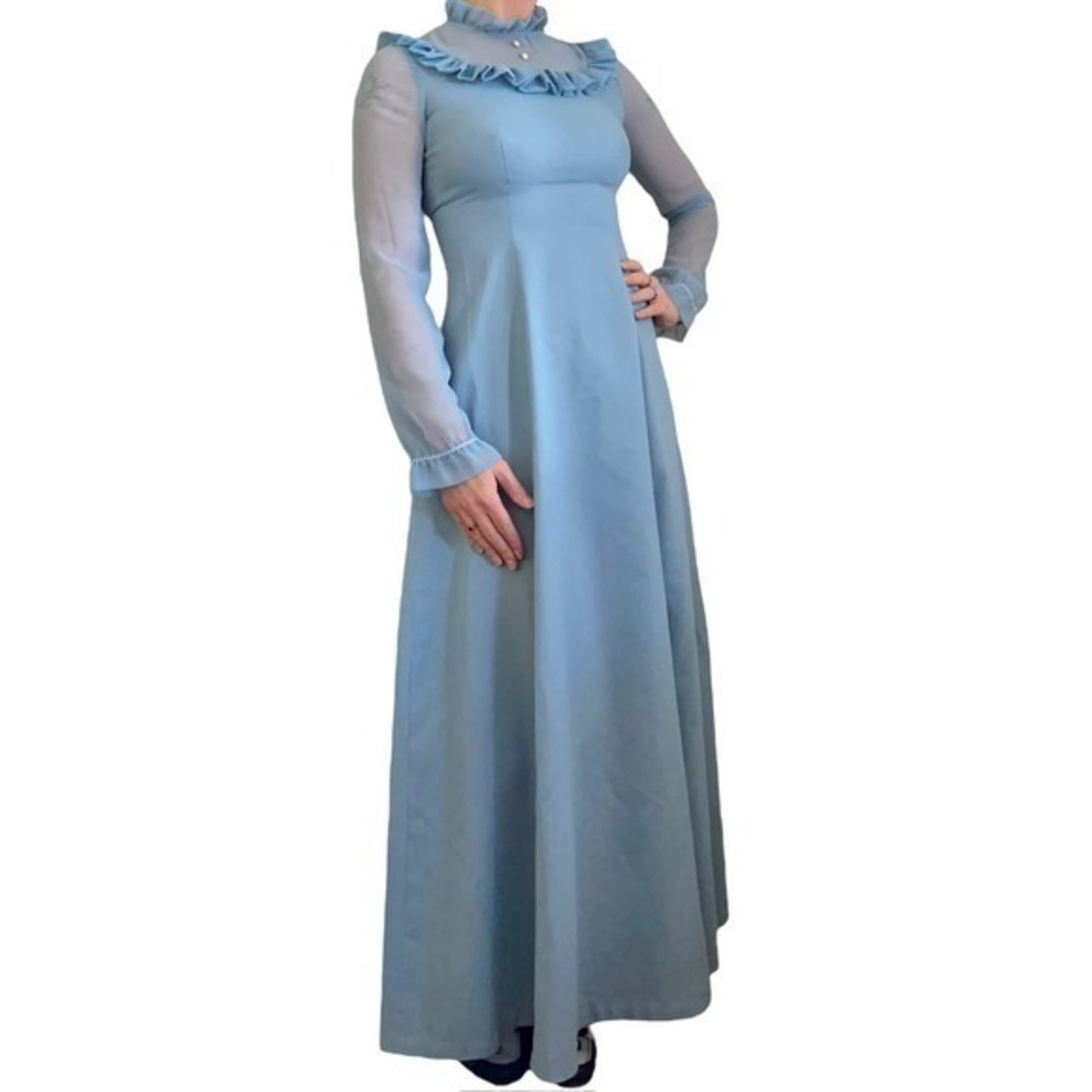 Vintage Dusty Blue Ruffle Collar Prairie Maxi Dress - 1960s Cottagecore Gown